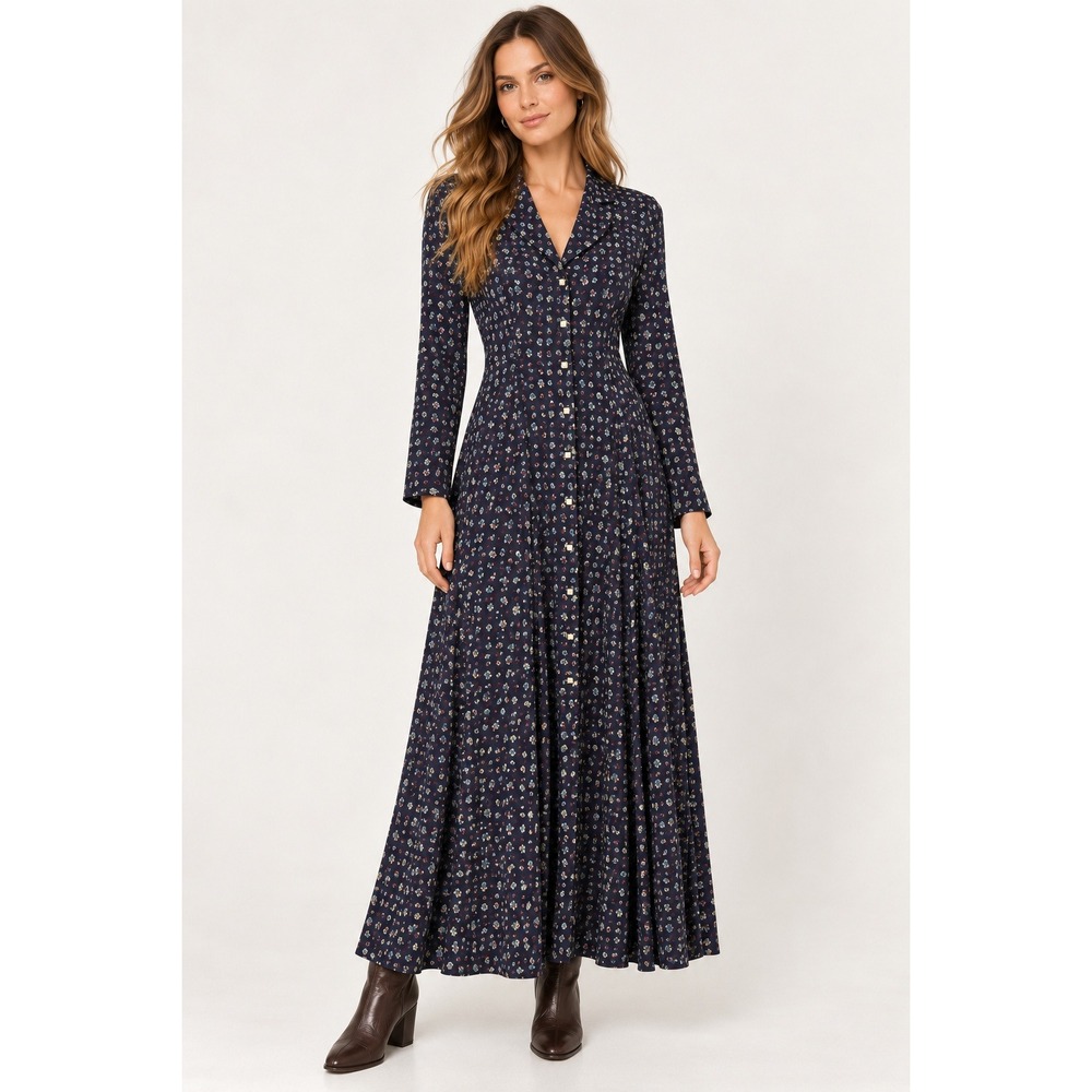 Vtg Banana Republic Floral Maxi Dress 6 Navy‎ 90s Grunge Button Front Bohemian